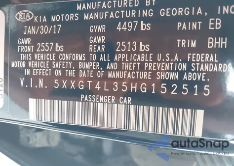 2017 Kia Optima Lx z USA, uszkodzony, nr VIN 5XXGT4L35HG152515